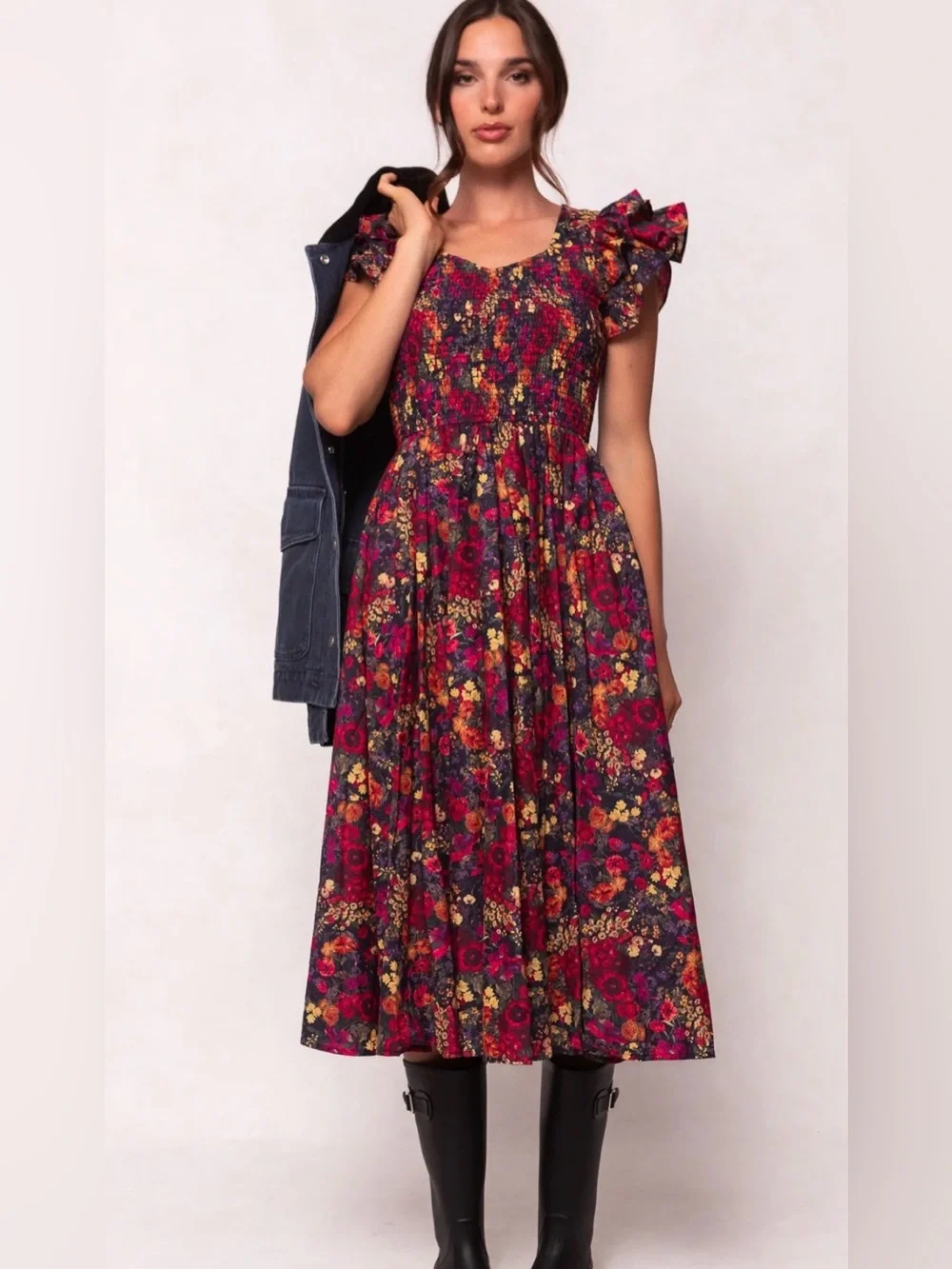 Ivy City Co. 100% Cotton Hattie Dress in Night Garden Floral Smocked Midi Small - Picture 9 of 9